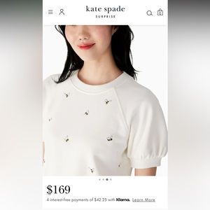 Kate Spade Bee Embroidered Short Sleeve Sweatshirt Pullover XS EUC